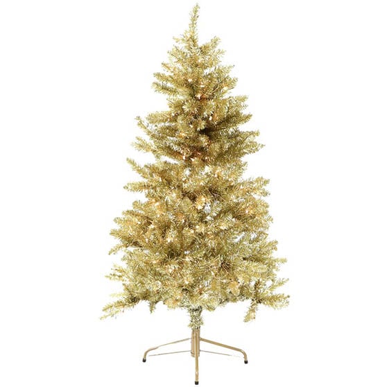 The Holiday Aisle Festive Tinsel 5' Gold Pine Artificial Christmas Tree with 250 Clear and White Lights gold christmas trees
