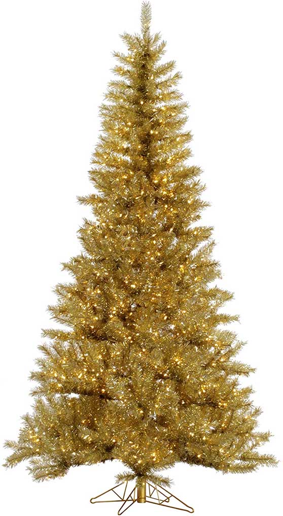 Vickerman Pre-Lit Tinsel Tree with 450 Clear Mini Dura-Lit Lights, 9 feet, Gold christmas trees