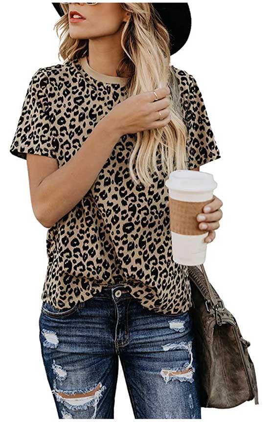 BMJL Women's Casual Cute Shirts Leopard Print Tops Basic Short Sleeve Soft Blouse Amazon Fashion For Women