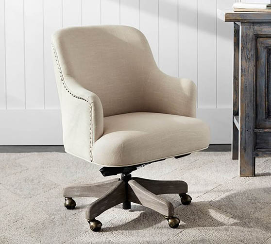 Pottery Barn Reeves Upholstered Swivel Desk Chair Oatmeal Linen Blend upholstered classic office chairs modern