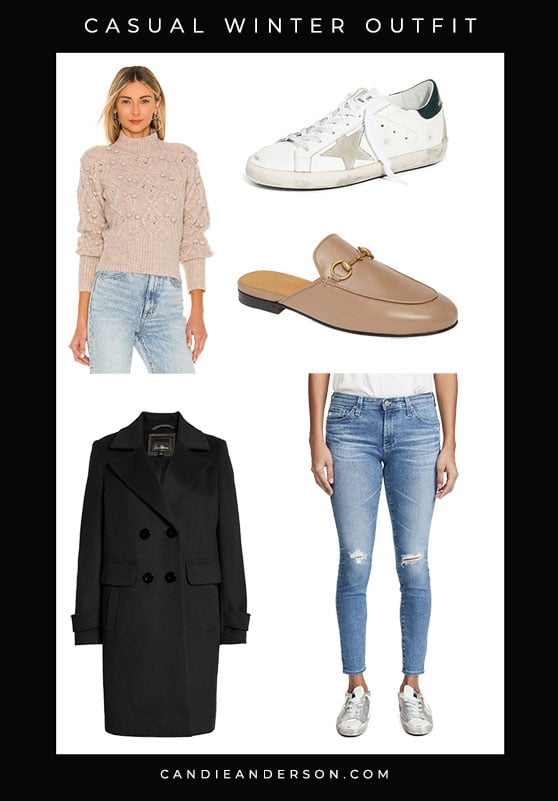 Style expert, journalist and fashion blogger Candie Anderson has the scoop on the best neutral pom sweater, white Golden Goose sneakers, Gucci mules, AG distressed denim jeans, and black overcoat which is on sale! This is the perfect casual winter outfit for women of all ages.