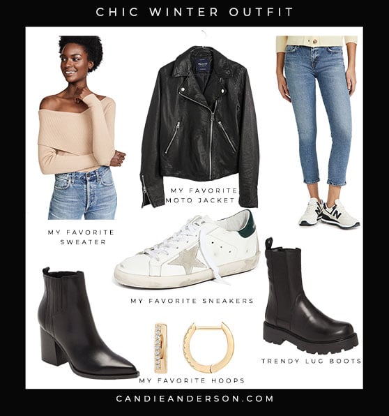 Style expert, journalist and fashion blogger Candie Anderson of candieanderson.com has the scoop on how to create a chic winter outfit with a fabulous off the shoulder sweater, black leather jacket, denim skinny jeans, white sneakers, ankle boots, lug boots and huggie hoop earrings