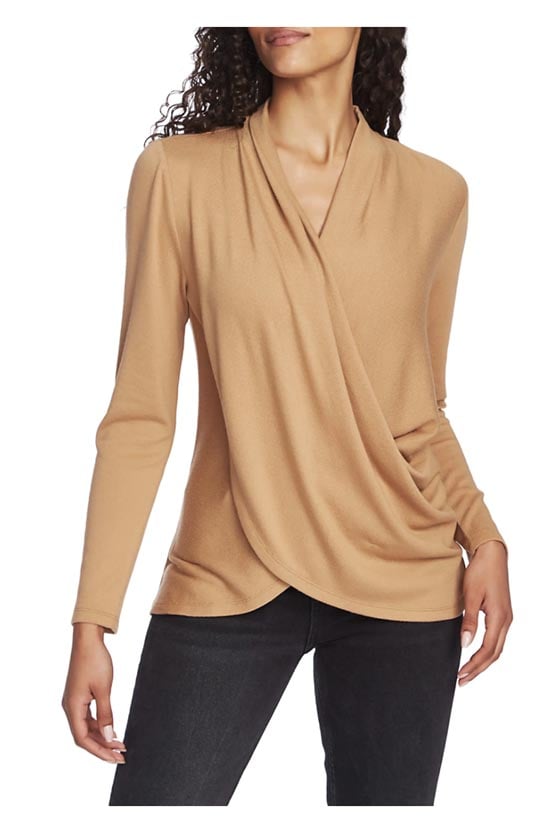 1.STATE Cozy Knit Top Wild Oak Color neutral camel blouses tops office working from home
