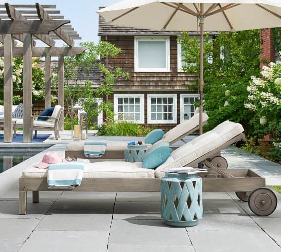 Pottery Barn Chatham FSC® Mahogany Chaise Lounge with Wheels, Gray chaise lounge chairs