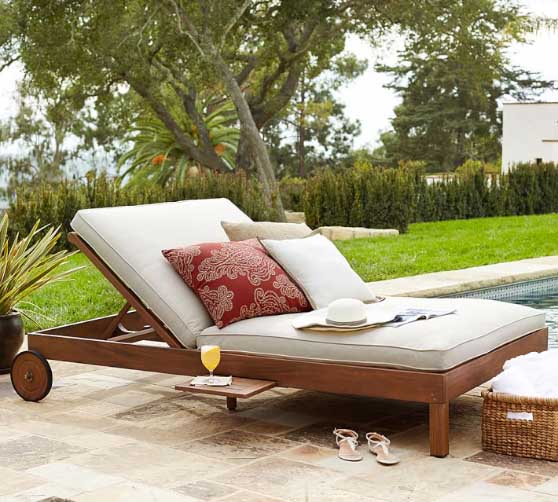 Pottery Barn Chatham FSC® Mahogany Double Chaise Lounge with Wheels, Honey outdoor chaise lounge chairs