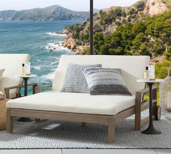 Pottery Barn Indio FSC® Eucalyptus Double Chaise Lounge with Wheels double outdoor chaise lounge chairs