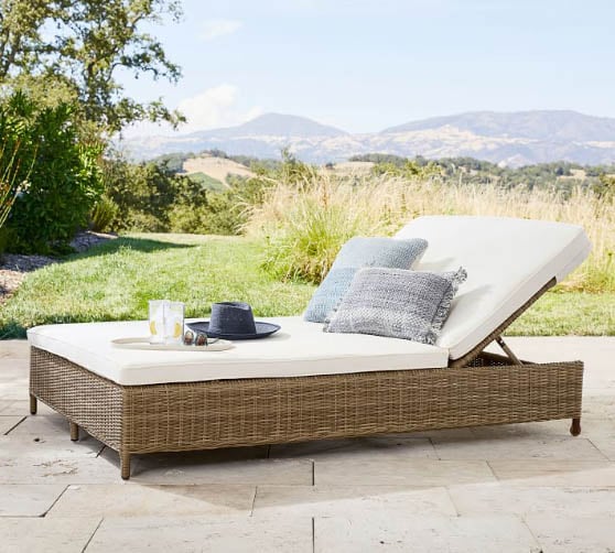 Pottery Barn Torrey All-Weather Wicker Double Chaise Lounge, Natural outdoor double chaise lounge chairs