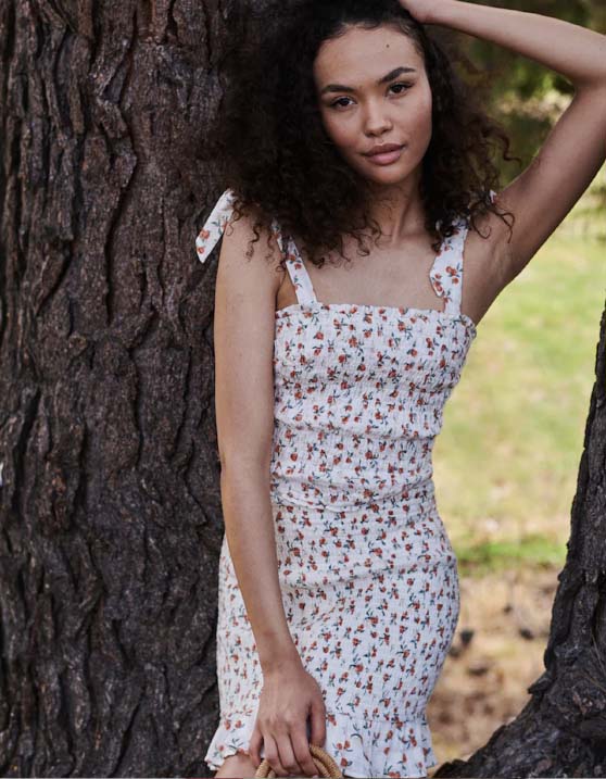 Abercrombie Smocked Mini Skirt White Peach Pattern floral print two piece dresses