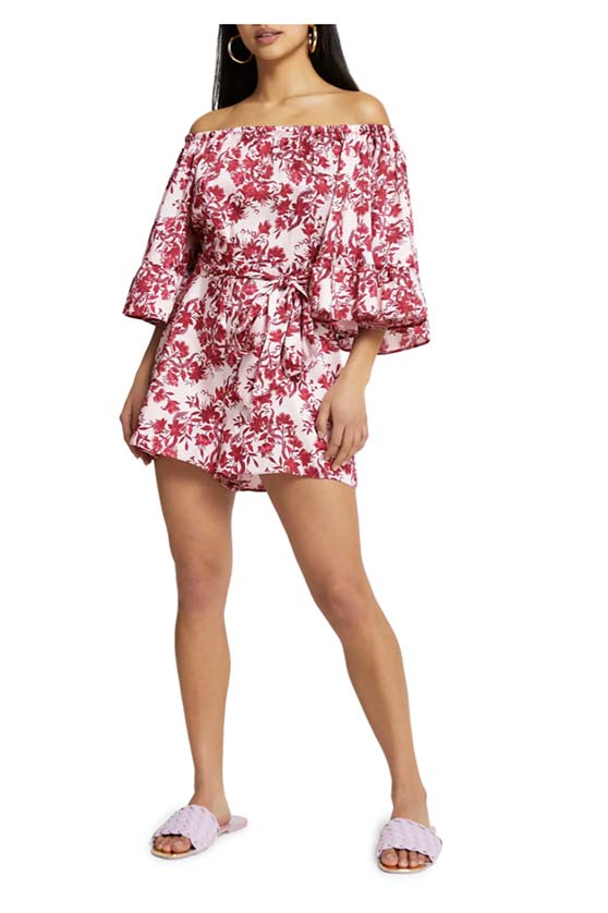 River Island Floral Print Off the Shoulder Romper Medium Pink trendy affordable rompers