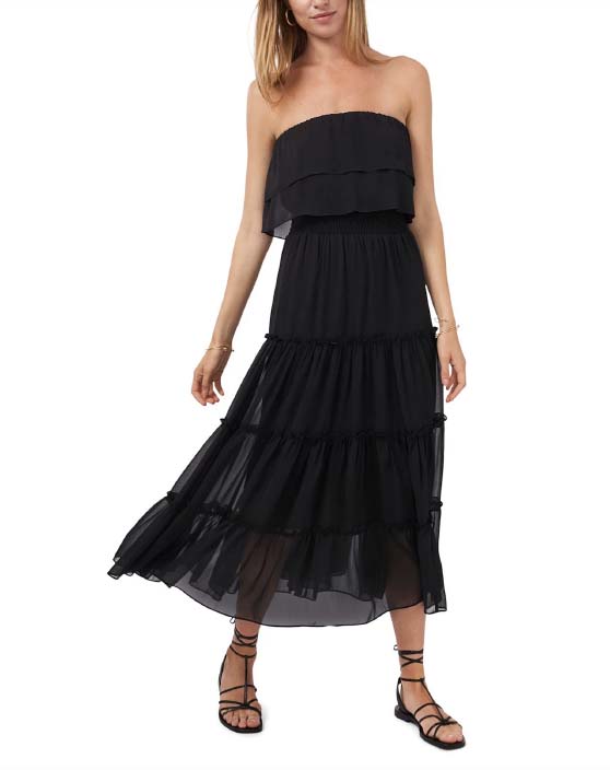 1.STATE Women's Strapless Ruffle Tiered Dress Rich Black casual maxi dresses