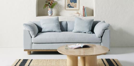 Anthropologie Relaxed Saguaro Sofa Valencia Linen in Seaglass modern upholstered sofas