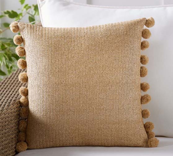 Pottery Barn Faux Natural Fiber Pom Pom Indoor/Outdoor Pillow Natural neutral throw pillows