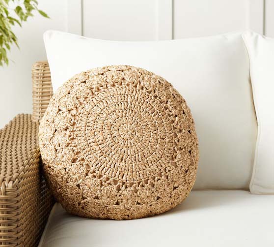 Pottery Barn Round Crochet Faux Natural Fiber Indoor/Outdoor Pillow neutral throw pillows