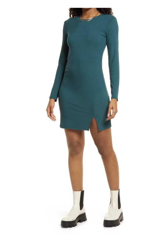 BP. Fitted Slit Long Sleeve Rib Dress Green Moss best mini dresses fall