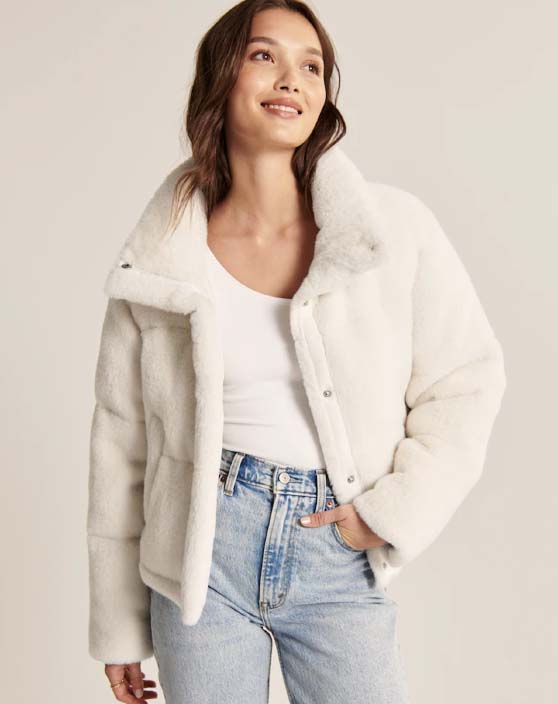 A&F Faux Mohair Mini Puffer White best crop faux fur jackets