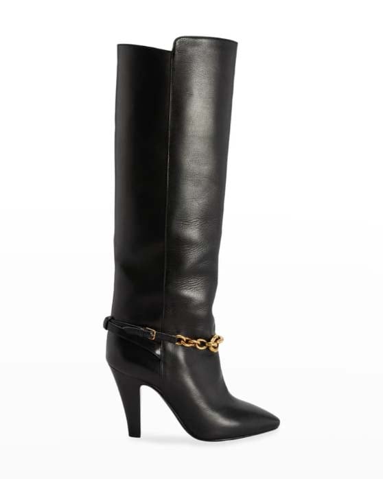 SAINT LAURENT Koller Calfskin Chain Knee Boots Nero Gold black knee high boots