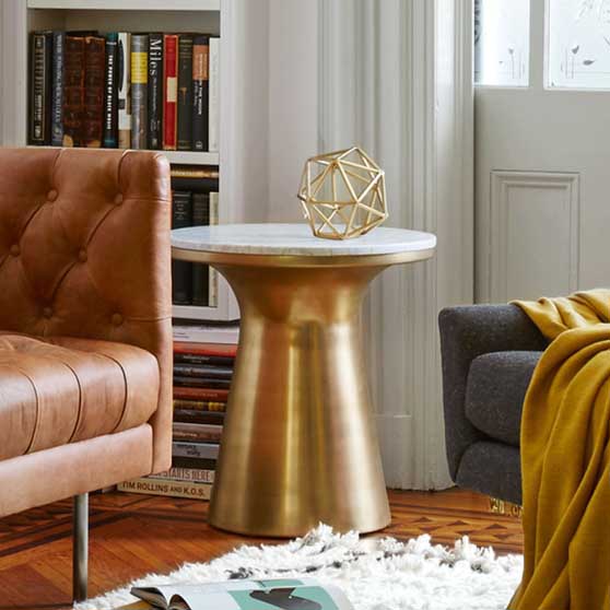 West Elm Marble Topped Pedestal Side Table - White Marble/Antique Brass best marble side tables