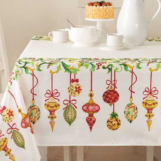 Benson Mills Holiday Trimming Printed Christmas Ornaments Tablecloth 60" X 84" Rectangular
