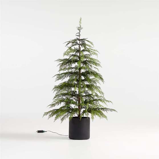 Crate&Barrel Faux Potted Hemlock Small Pre-Lit LED Christmas Tree with White Lights 4' best 4' sparse christmas trees artificial evergreen