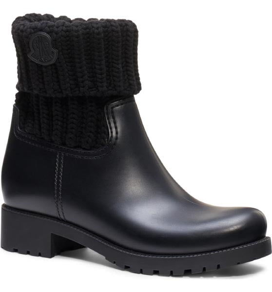 Moncler Ginette Knit Cuff Leather Rain Boot Black best short rain boots