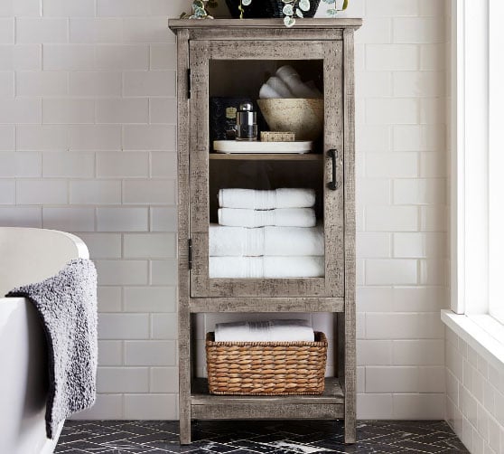 Pottery Barn Paulsen Reclaimed Wood Floor Storage Cinder Gray best bathroom linen closets