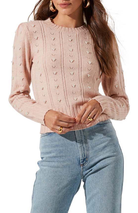 ASTR The Label Beaded Pointelle Sweater Pink pearl embellished spring sweaters