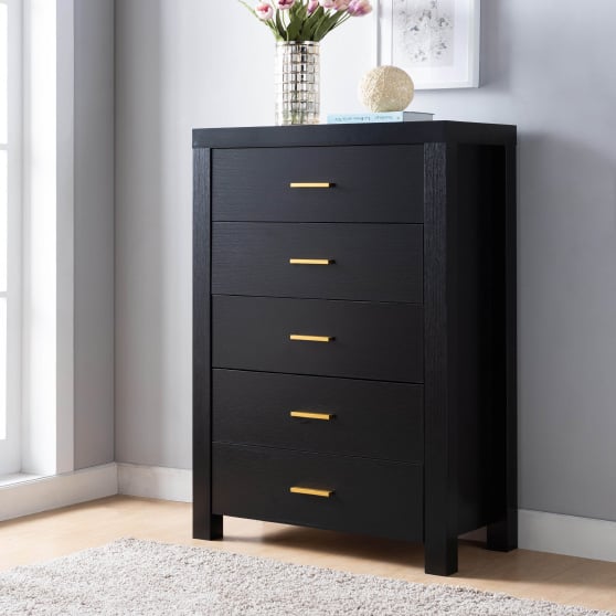Ebern Designs Anoushay 5 Drawer 31'' W Chest Black Gold dressers hardware