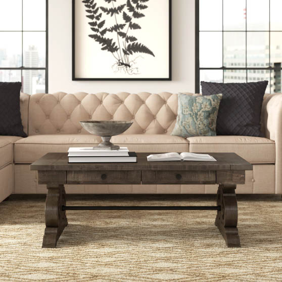 Greleigh Ellenton Trestle Coffee Table with Storage Peppercorn best rustic storage coffee tables