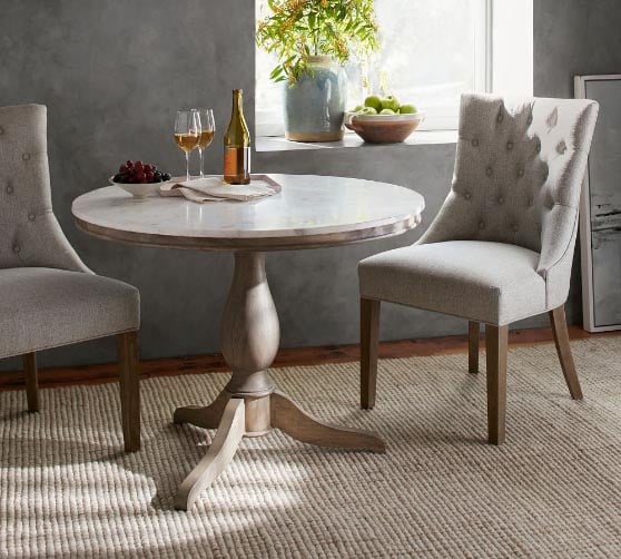 Pottery Barn Alexandra Round Marble Pedestal Dining Table Gray Wash Finish best round marble dining tables