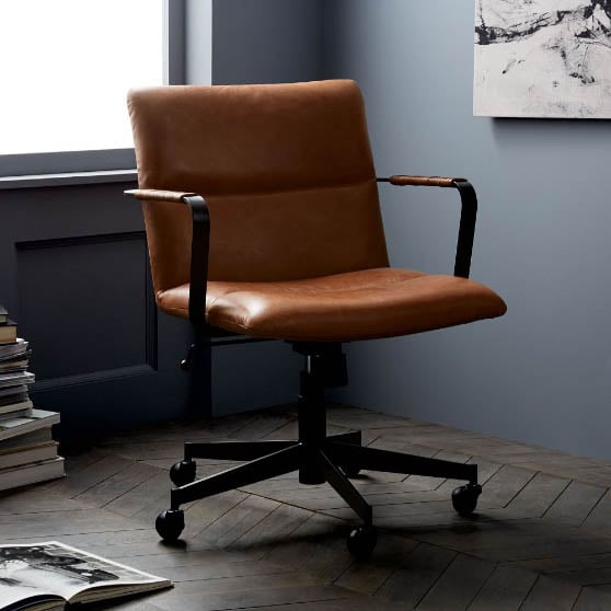 West Elm Cooper Mid-Century Leather Swivel Office Chair Nut Saddle Leather brown modern leather desk chairs