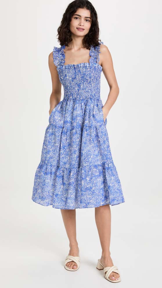 Amanda Uprichard Adelene Midi Dress Chalet Print blue white smocked midi dresses