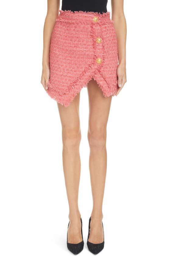 Balmain Cotton Blend Tweed Asymmetric Miniskirt Rose Saumon best tweed skirts