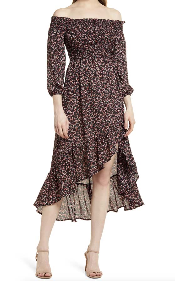 Chelsea28 Off the Shoulder Smocked Long Sleeve Midi Dress Black Pink Micro Floral best smocked midi dresses