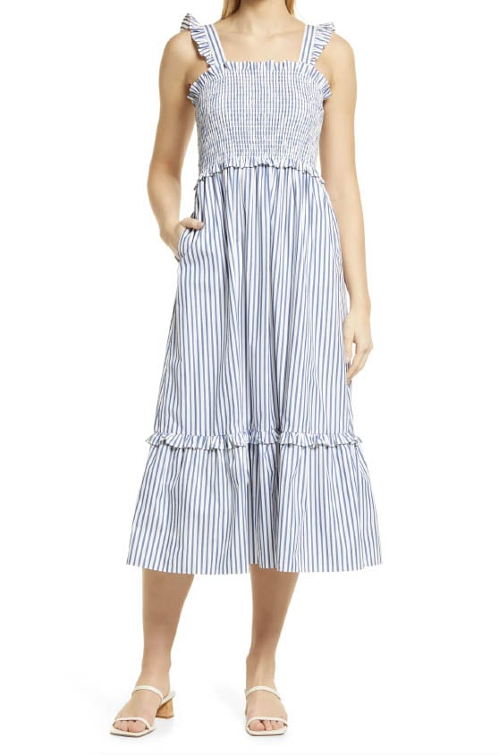 Draper James Smocked Stripe Sleeveless Poplin Midi Dress Blue White Multi best smocked midi dresses with pockets spring summer