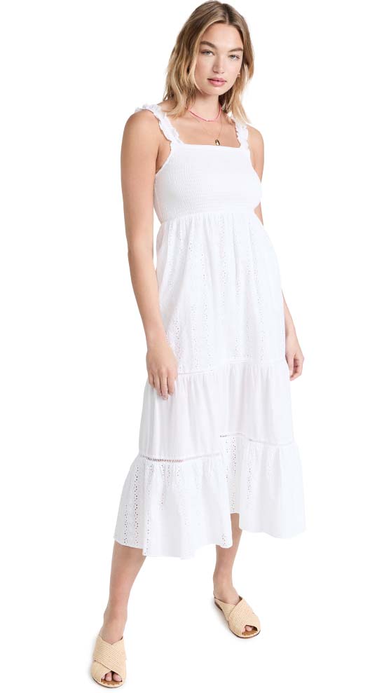 Playa Lucila Smocked Dress White Eyelet smocked midi dresses