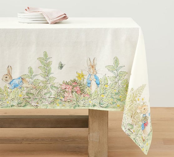 Pottery Barn Peter Rabbit™ Linen/Cotton Tablecloth best easter tablecloths flowers butterflies bunnies