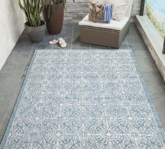Pottery Barn Dursun Synthetic Indoor/Outdoor Rug Aqua best blue outdoor rugs