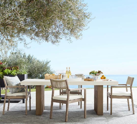 Pottery Barn Pomona Indoor/Outdoor 86" Concrete & FSC® Acacia Rectangular Dining Table Gray best concrete outdoor dining tables