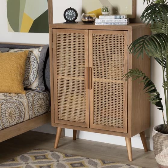 World Menagerie Engin 44.29'' Tall 2 - Door Accent Cabinet Light Brown best rattan cabinets