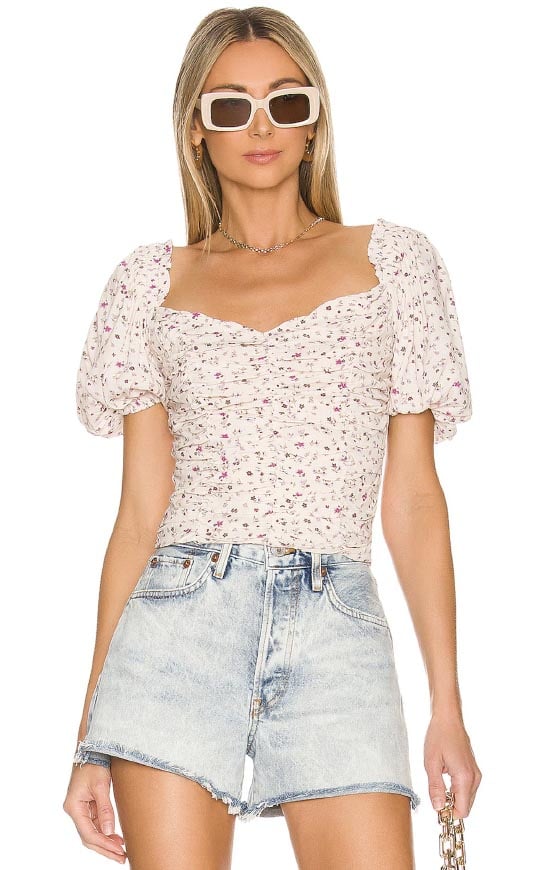 ASTR the Label Ruched Short Sleeve Top Cream and Lavender Ditsy best floral print tops
