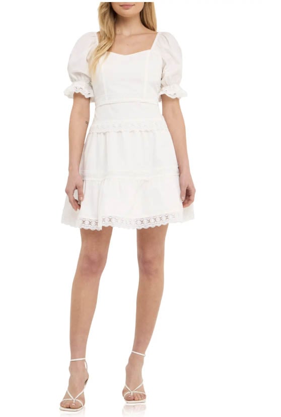 Endless Rose Lace Trim Puff Sleeve Minidress White best puff sleeve mini dresses