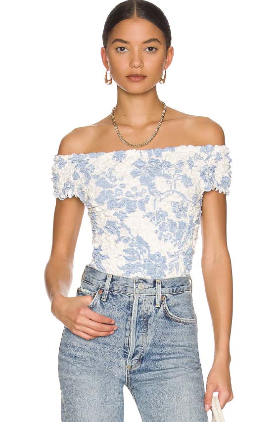 Free People Dominique Top Ivory Combo blue floral print off the shoulder tops