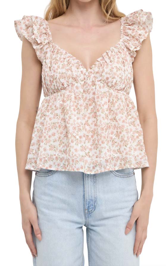 Free The Roses Floral Print Ruffle Top White Pink Combo floral print tops
