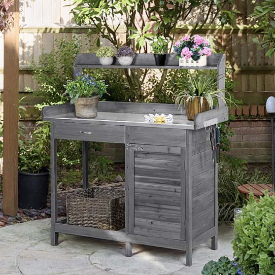 Gracie Oaks Fir Potting Bench Gray best outdoor potting stations