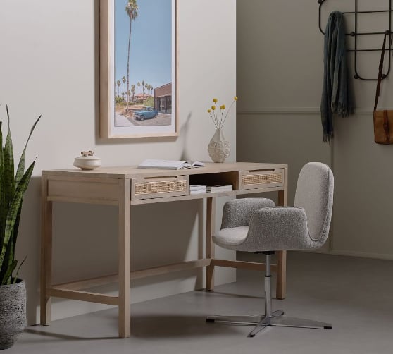Pottery Barn Dolores 58 Cane Writing Desk with Drawers Natural home office