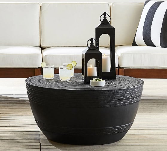 Pottery Barn Frog Drum Indoor/Outdoor Metal Coffee Table Antique Bronze best drum coffee tables