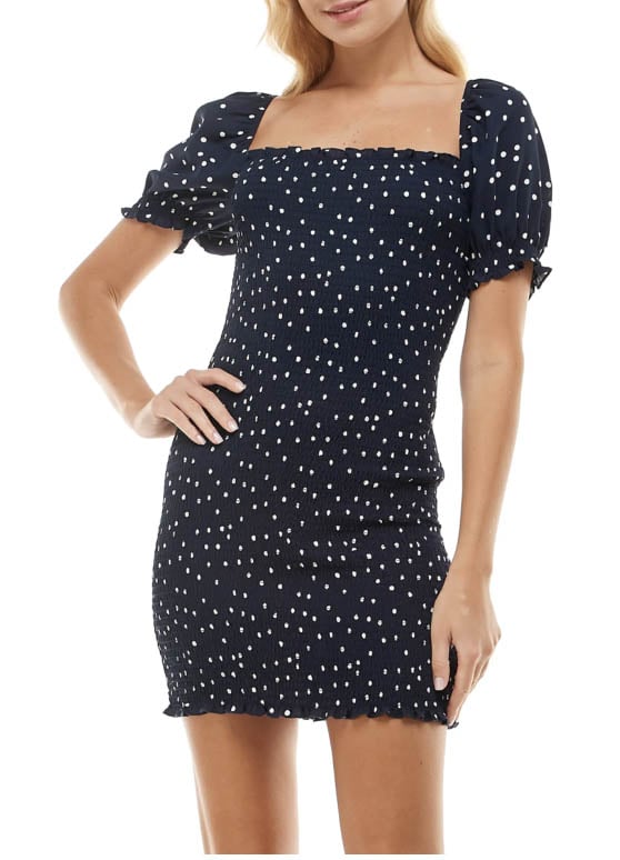 Row A Smocked Puff Sleeve Minidress Navy White best puff sleeve mini dresses