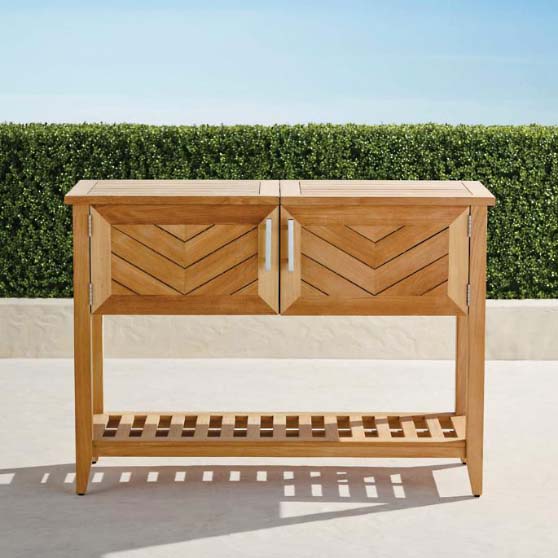 Frontgate Westport Console with Beverage Tub in Teak best rustic outdoor bars