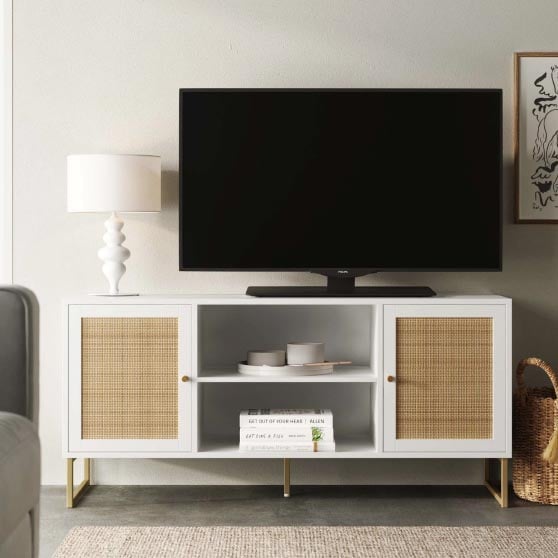 Union Rustic Hugette TV Stand for TVs up to 55 WhiteGold best coastal cane media consoles