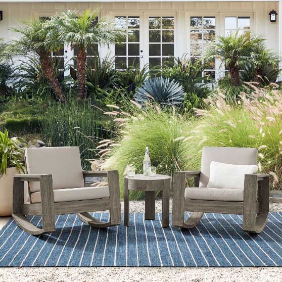 West Elm Portside Outdoor Rocking Chairs & Round Concrete Side Table (20") Set best outdoor modern rocking chairs